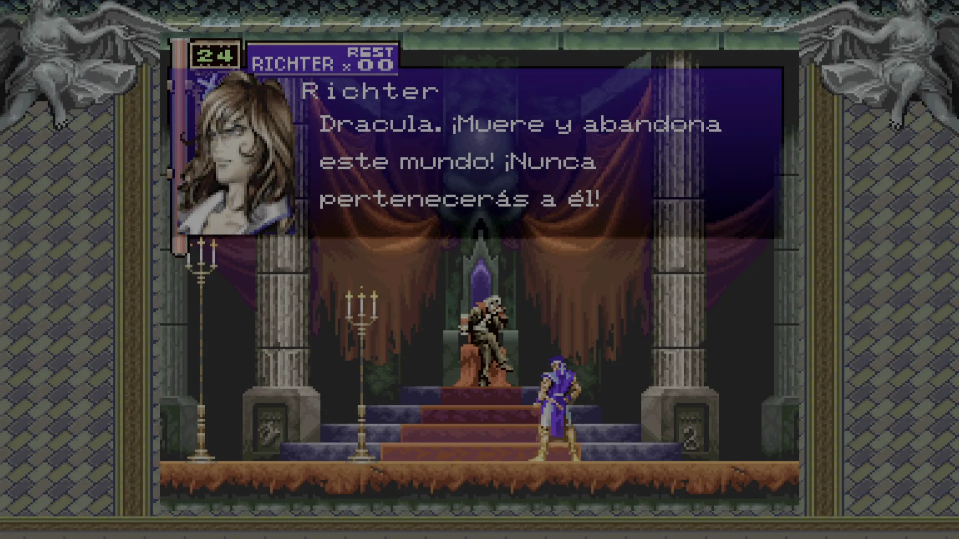 Richter Belmont enfrentando a Drácula en su trono, con el diálogo 'Muere y abandona este mundo'