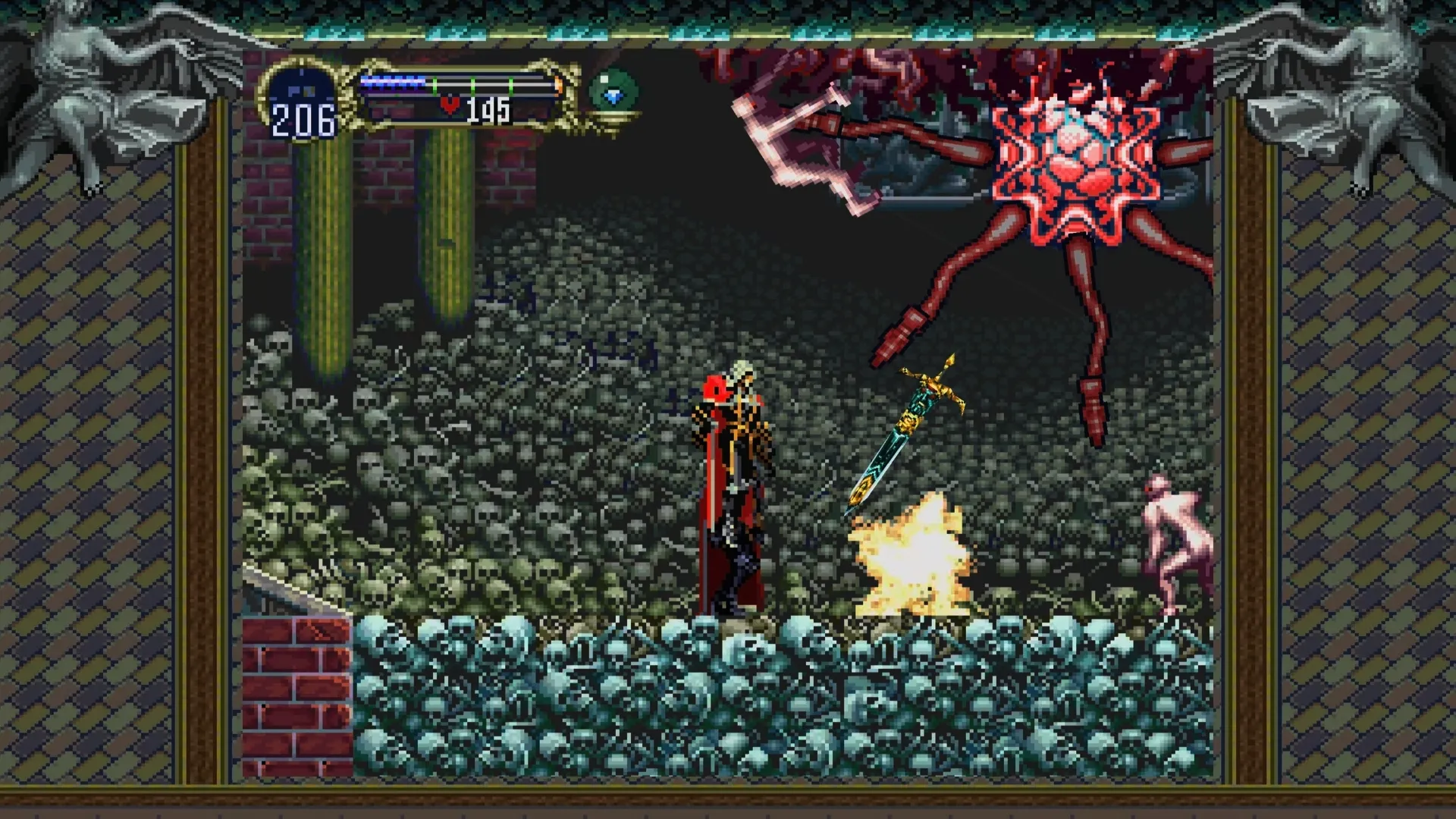Alucard enfrentando a Granfaloon, una masa gigante de cuerpos fusionados, en el Laboratorio de Nigromancia
