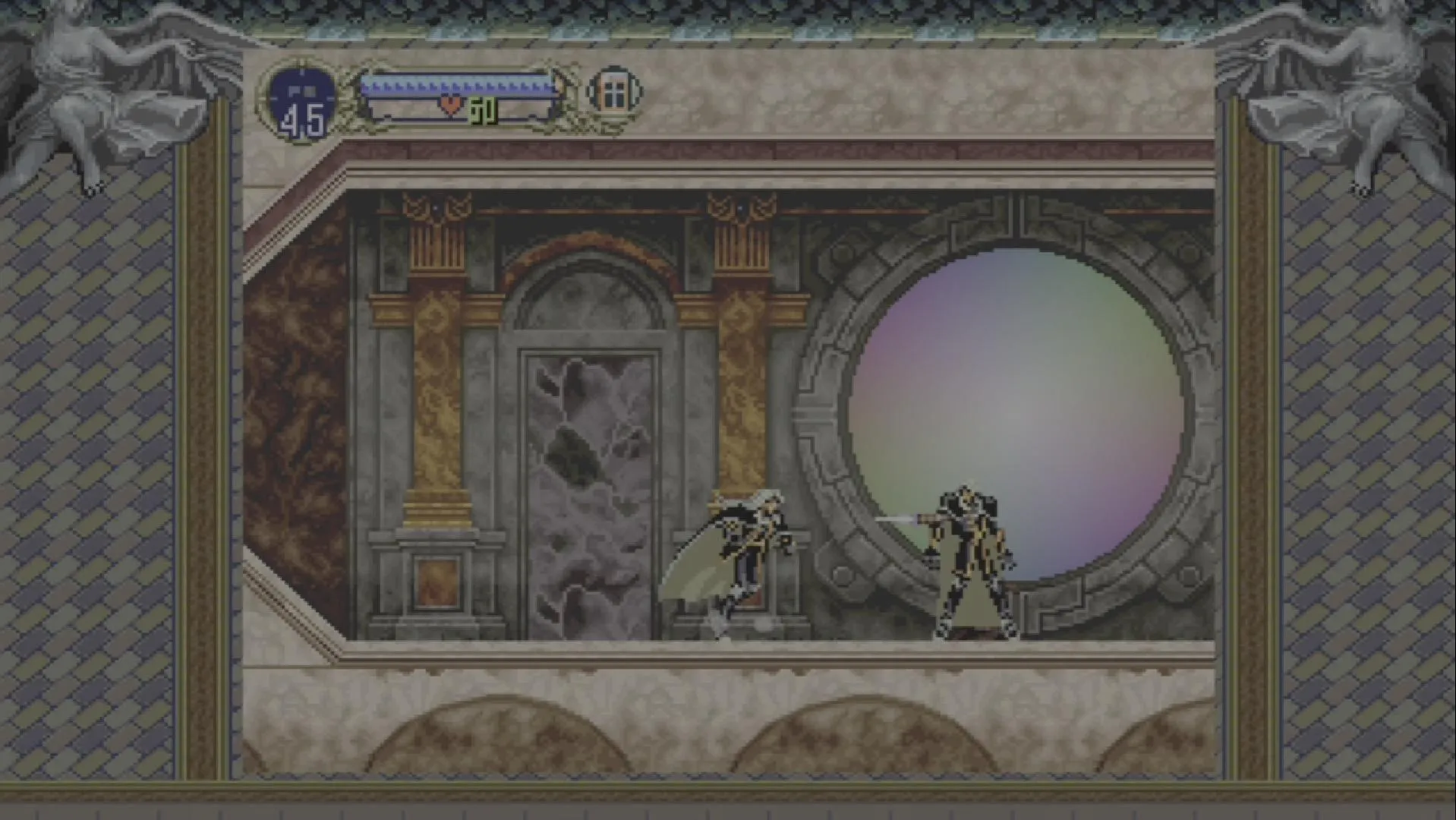 Alucard enfrentando a su Doppelganger junto a una ventana circular