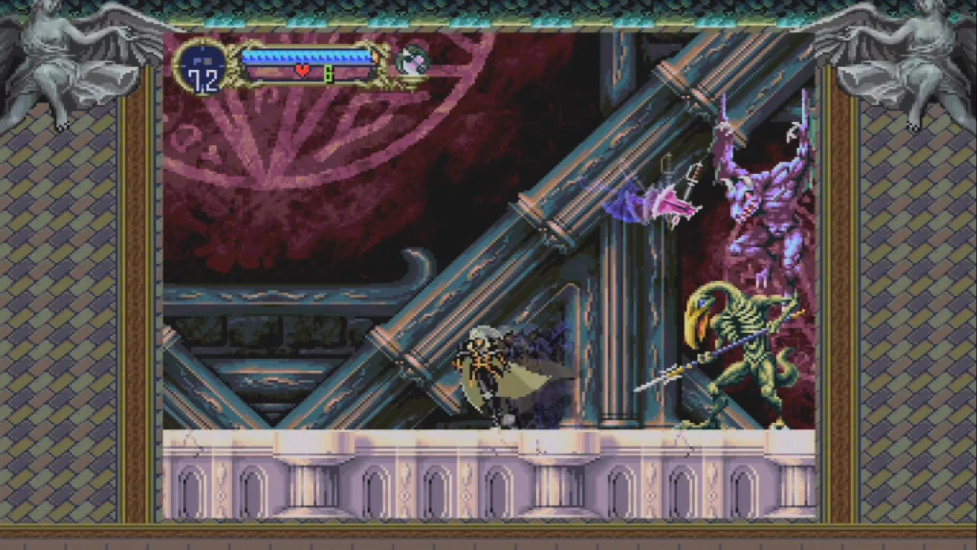 Alucard enfrentando a Slogra y Gaibon en un pasillo inclinado del castillo