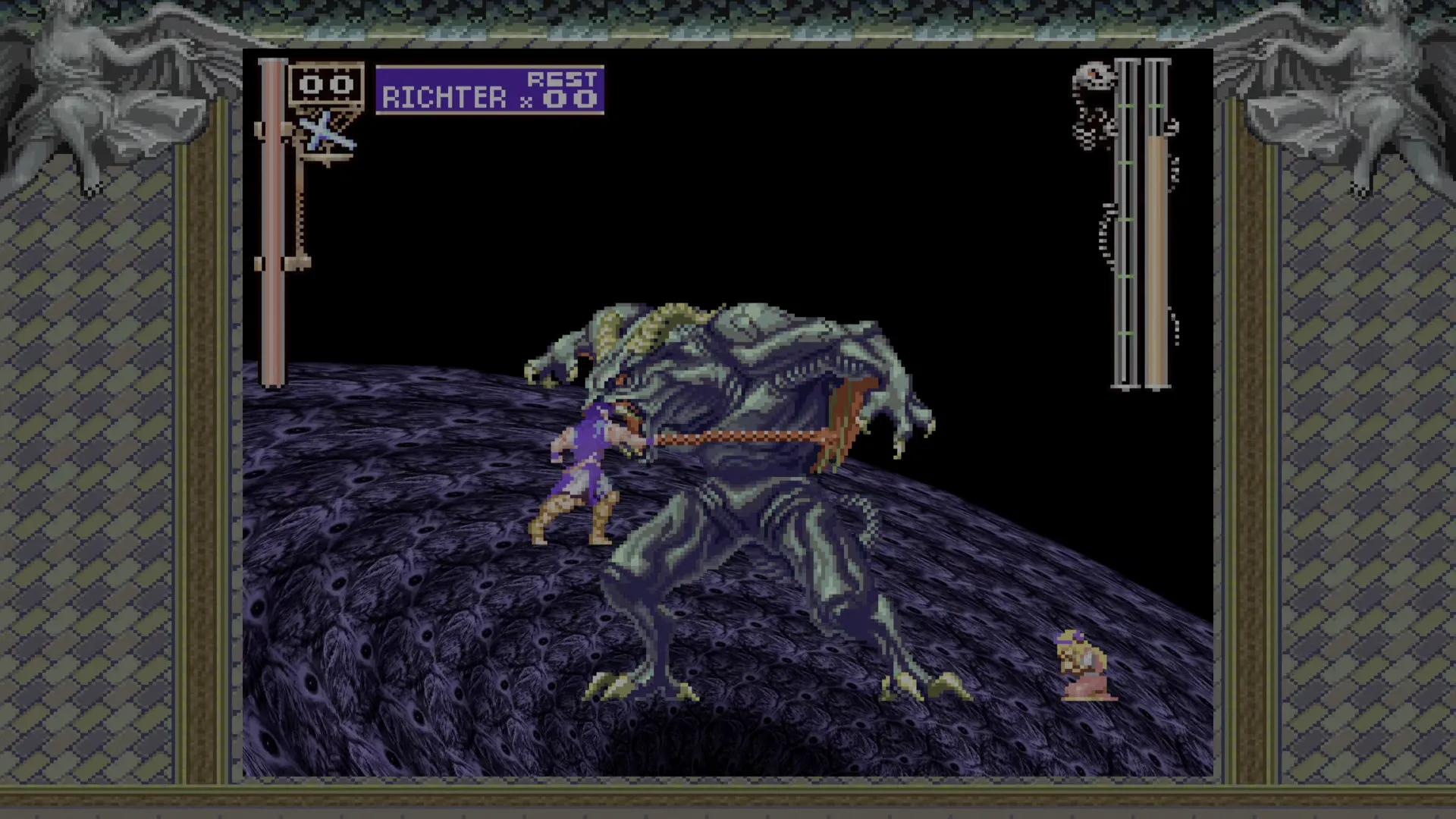 Richter Belmont peleando contra un jefe monstruoso